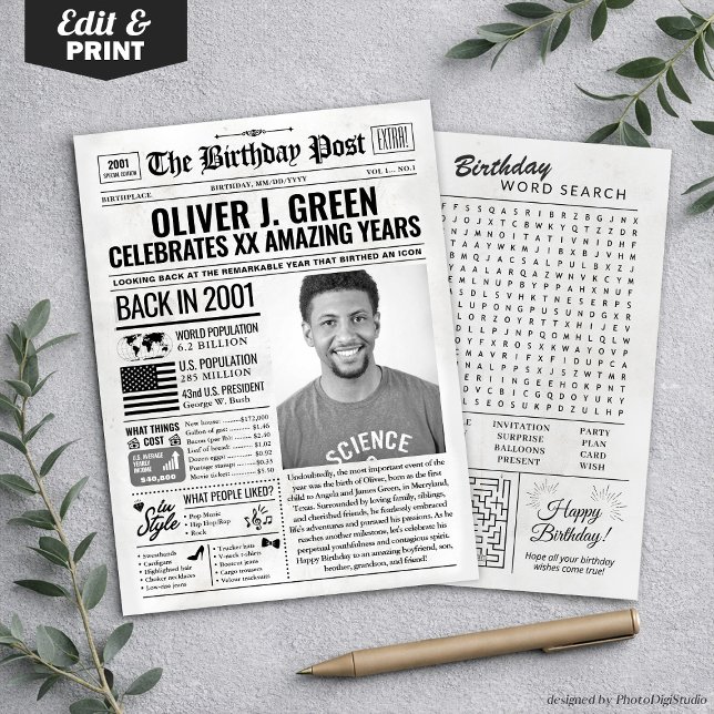 Festiva Personalizado en la edición 2001 de la tarjeta de  (Custom Back in 2001 Newspaper Birthday Card, Trend Holiday Card)