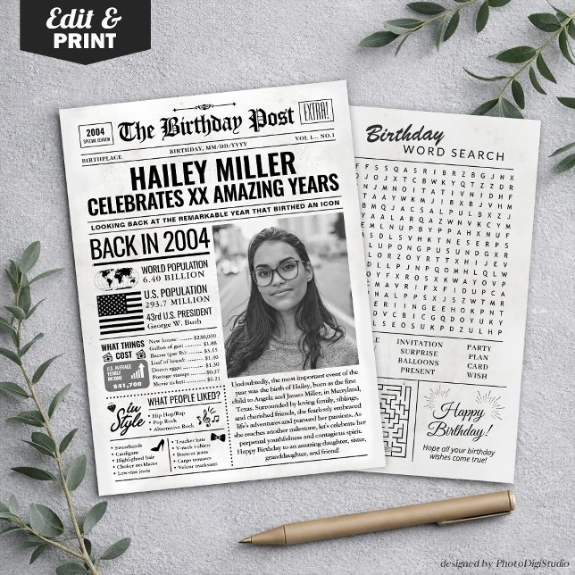 Festiva Personalizado en la edición 2004 de la tarjeta de  (Custom Back in 2004 Newspaper Birthday Card, Trend Holiday Card)