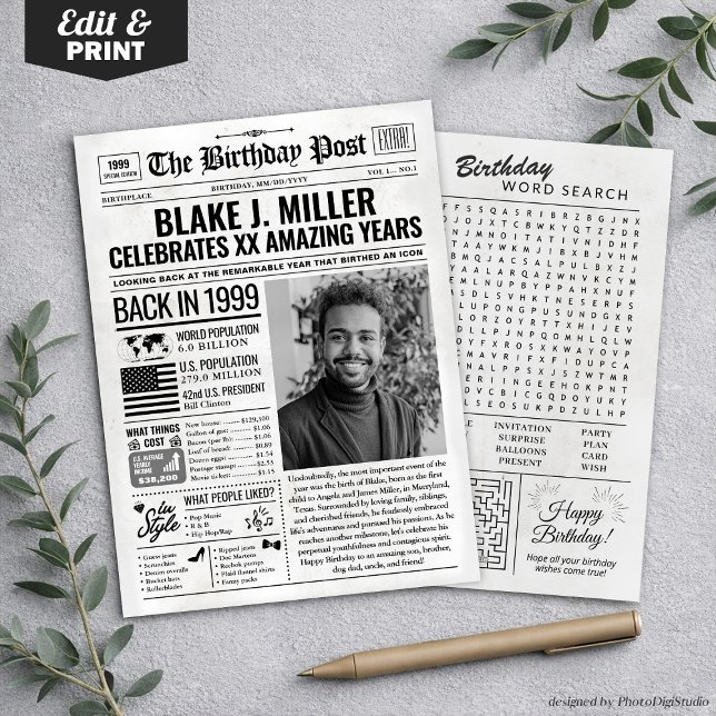 Festiva Personalizado en la edición de 1999 de la tarjeta  (Custom Back in 1999 Newspaper Birthday Card, Trend Holiday Card)