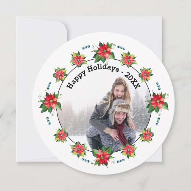 Festiva Poinsettia acuarela - Tarjeta de vacaciones circul (Anverso)