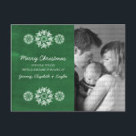 Festiva Postal con foto de Snowflakes Chalkboard, verde<br><div class="desc">Postal con foto de Snowflakes Chalkboard, moderno y de moda, con un aspecto de pizarra verde y elegantes copos de nieve en blanco. Esta postal de moda es perfecta para enviar saludos de vacaciones. Personalizar con su propia foto familiar y el saludo personalizado de su elección. Haga clic en "Personalizar"...</div>