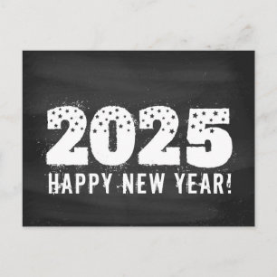 Festiva Postal con texto de 2025 en pizarra. Año Nuevo