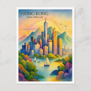 Festiva Postal de Acuarela del Horizonte de Hong Kong Gi