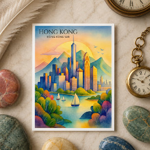 Festiva Postal de Acuarela del Horizonte de Hong Kong   Gi