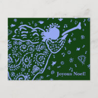 Postal de ángel de trompeta azul y verde