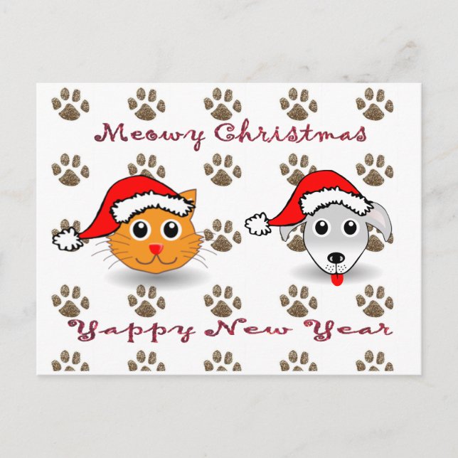 Festiva Postal de Año Nuevo de Meowy Navidades Yappy (Anverso)