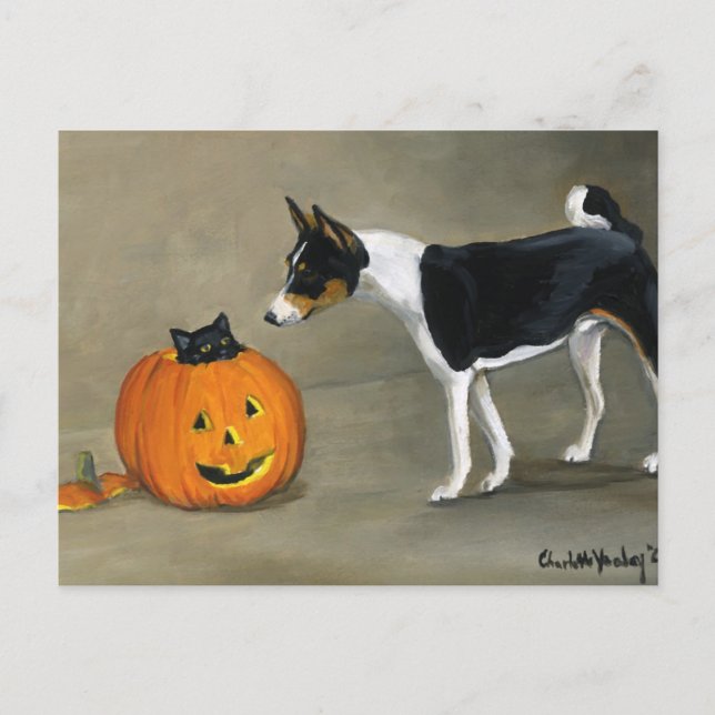 Festiva Postal de arte de perro "Halloween de Basenji" (Anverso)