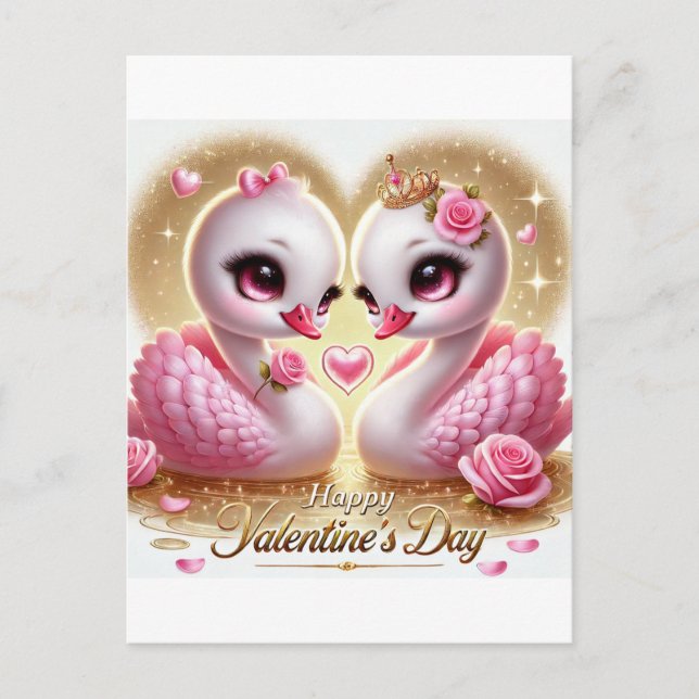 Festiva Postal de cisne rosa El día de San Valentín (Anverso)