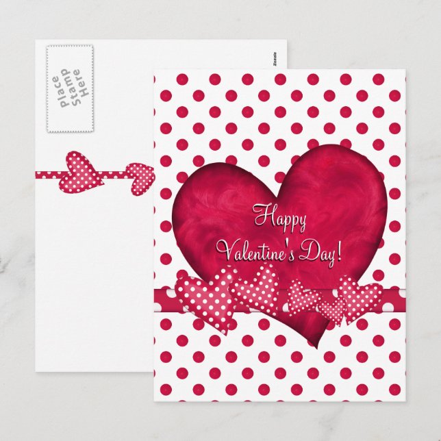 Festiva Postal de corazones rojos y puntos (Anverso / Reverso)