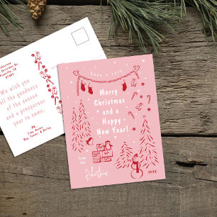 Festiva Postal de escena de Navidades rojos y rosados capr