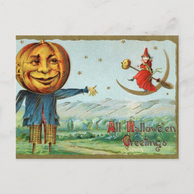 Festiva Postal de espantapájaros de bruja de Halloween vin (Anverso)