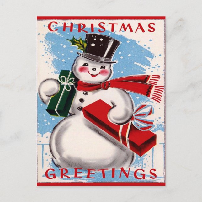 Festiva Postal de felicitaciones navideñas de Snowman vint (Anverso)