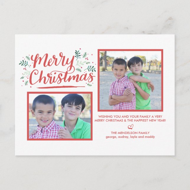 Festiva Postal de follaje de invierno para Navidades con m (Anverso)