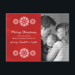 Festiva Postal de foto de Snowflakes Chalkboard, rojo<br><div class="desc">Postal de fotos de crokboard con un diseño moderno y moderno con un diseño de pizarra de nieve rojo oscuro y elegantes copos de nieve en blanco. Esta postal de moda es perfecta para enviar saludos de vacaciones. Personalizar con su propia foto familiar y el saludo personalizado de su elección....</div>