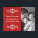 Festiva Postal de foto de Snowflakes Chalkboard, rojo<br><div class="desc">Postal de fotos de crokboard con un diseño moderno y moderno con un diseño de pizarra de nieve rojo oscuro y elegantes copos de nieve en blanco. Esta postal de moda es perfecta para enviar saludos de vacaciones. Personalizar con su propia foto familiar y el saludo personalizado de su elección....</div>