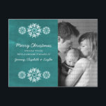 Festiva Postal de foto de Snowflakes Chalkboard, Verde azu<br><div class="desc">Postal con foto de crokboard con un estilo de pizarra turquesa y elegantes copos de nieve en blanco. Esta postal de moda es perfecta para enviar saludos de vacaciones. Personalizar con su propia foto familiar y el saludo personalizado de su elección. Haga clic en "Personalizar" para encontrar más opciones de...</div>