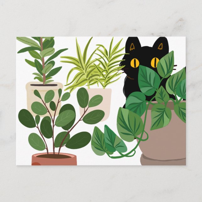 Festiva postal de gato negro y plantas (Anverso)