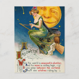 Festiva Postal de Halloween bruja y luna Vintage