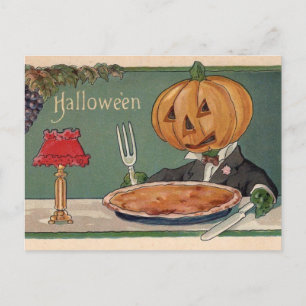 Festiva Postal de Halloween vintage con calabaza