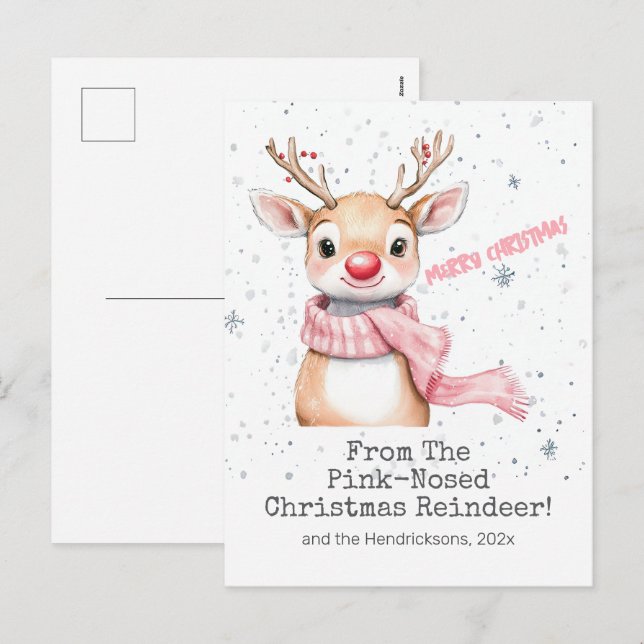 Festiva Postal de Navidades de renos rosados (Anverso / Reverso)