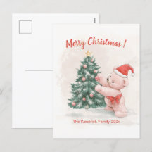 Postal de Navidades retro de osito rosado