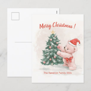 Festiva Postal de Navidades retro de osito rosado