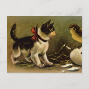 Festiva Postal de Pascua del gatito y del polluelo