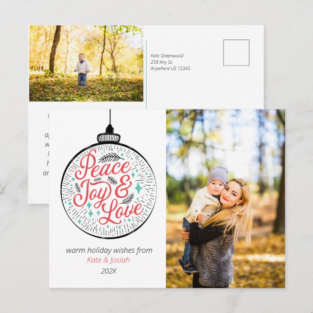 Festiva Postal de vacaciones de paz, alegría y amor (Anverso / Reverso)