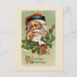 Festiva Postal de Vintage Santa y Evergreens