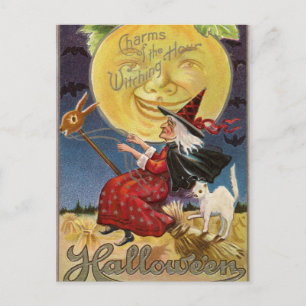Festiva Postal del gato de luna de bruja de Halloween vint