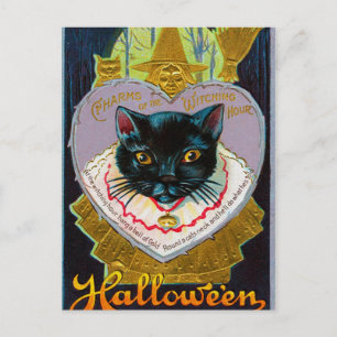 Festiva Postal del gato de luna de bruja de Halloween vint