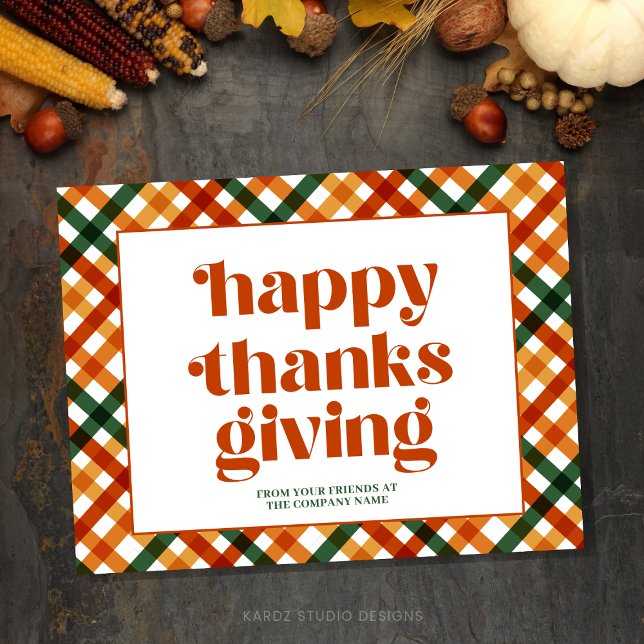 Festiva Postal empresa Feliz Acción de Gracias Personaliza (Happy Thanksgiving Business Postcard with a beautiful orange and plaid background)