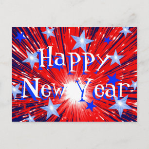 Festiva Postal 'Feliz Año Nuevo' azul blanco rojo de fuego