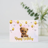 Postal "Feliz cumpleaños" con un oso de peluche.