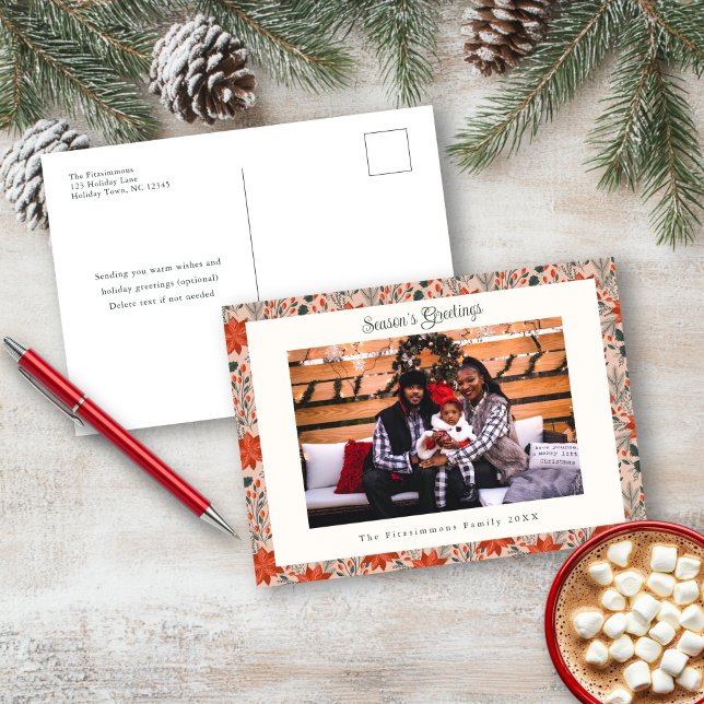 Festiva Postal fotográfica de Navidades de la poinsettia r (Poinsettia Season Photo Christmas Postcard blush pink)