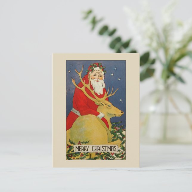 Festiva Postal inusual deco santa deer Navidades (Anverso de pie)