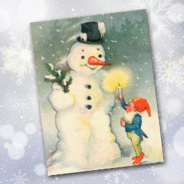 Festiva Postal navideña vintage de Elf y Snowman