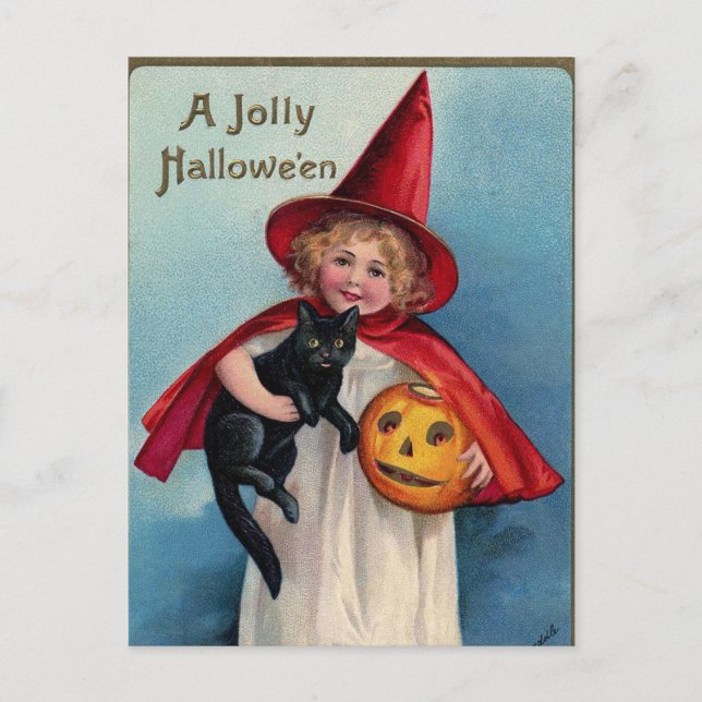 Festiva Postal vintage Halloween con calabaza de brujas (Anverso)