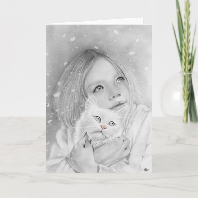 Festiva Primera tarjeta de gatito de chica de nieve (Anverso)