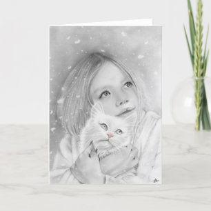 Festiva Primera tarjeta de gatito de chica de nieve