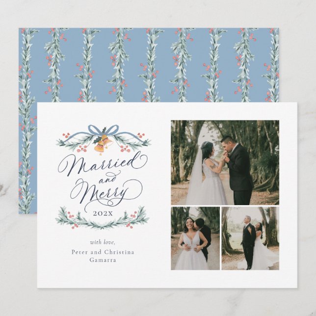 Festiva Primera tarjeta navideña de matrimonio y multifoto (Anverso / Reverso)