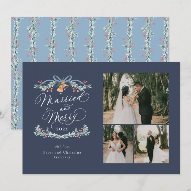Festiva Primera tarjeta navideña de matrimonio y multifoto (Anverso / Reverso)