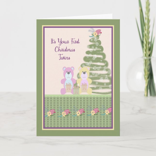 Festiva Primera tarjeta navideña para gemelos con dos osit (Anverso)
