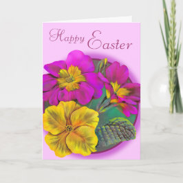 Festiva Primula Happy Easter tarjeta de flores rosa y amar