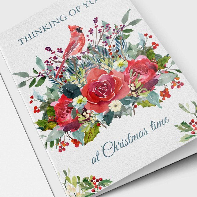Festiva Ramo y cardenal de la tarjeta de condolencia del (Thinking Of You At Christmas Time Remembrance Sympathy Loss Memorial Christmas Holiday Card)
