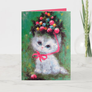 Festiva Retro vintage Christmas cat añadir tarjeta de mens