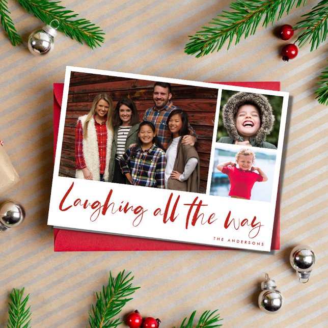Festiva Ríe todo el camino Tarjeta de repostaje fotográfic (Laughing All the Way Modern Photo Plaid Christmas Holiday Card)