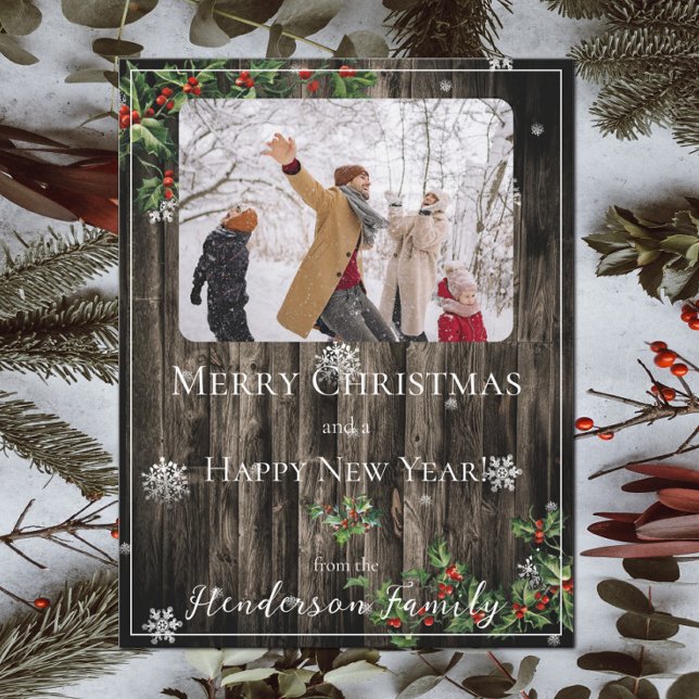 Festiva Rustic Holly marca tarjeta de foto de vacaciones p (Rustic Holly Branches Flat Holiday Photo Card)