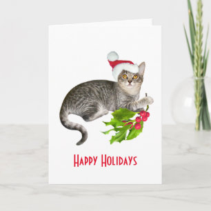 Festiva Santa Cat con tarjeta de vacaciones holly