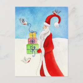 Festiva Santa con pájaros en la postal de la acuarela de N
